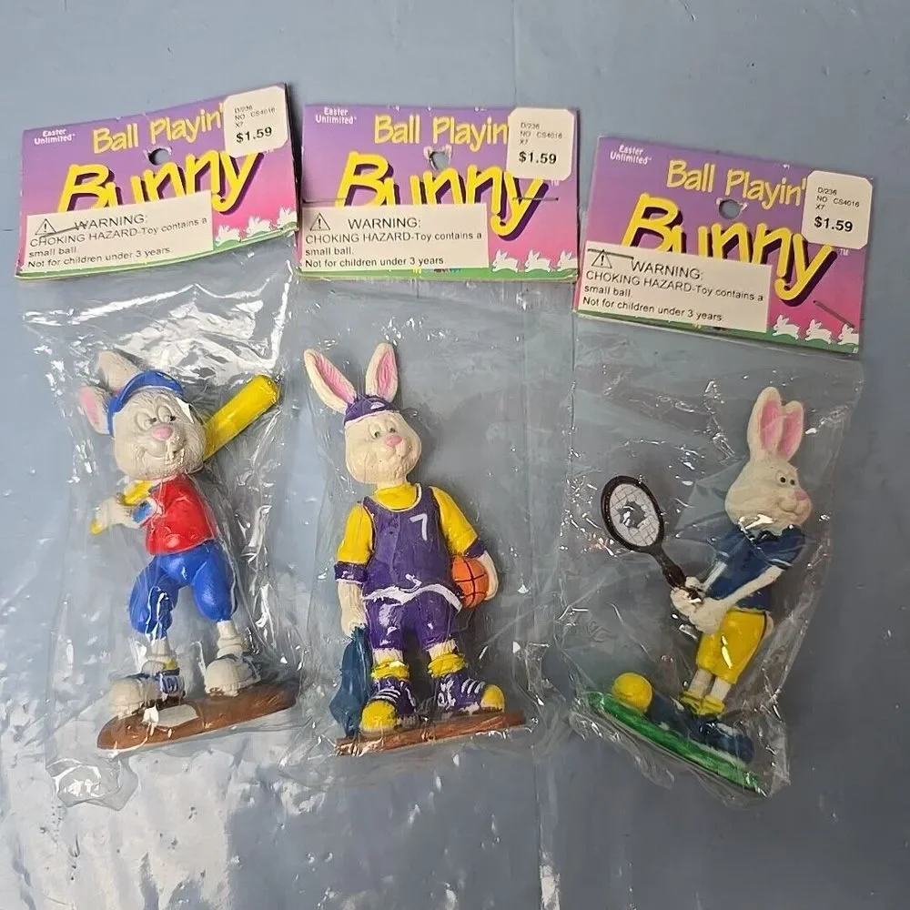 Vintage Easter Unlimited Ball‎ Playing Bunny Rabbit Toy Figure Lot of (3) NEW